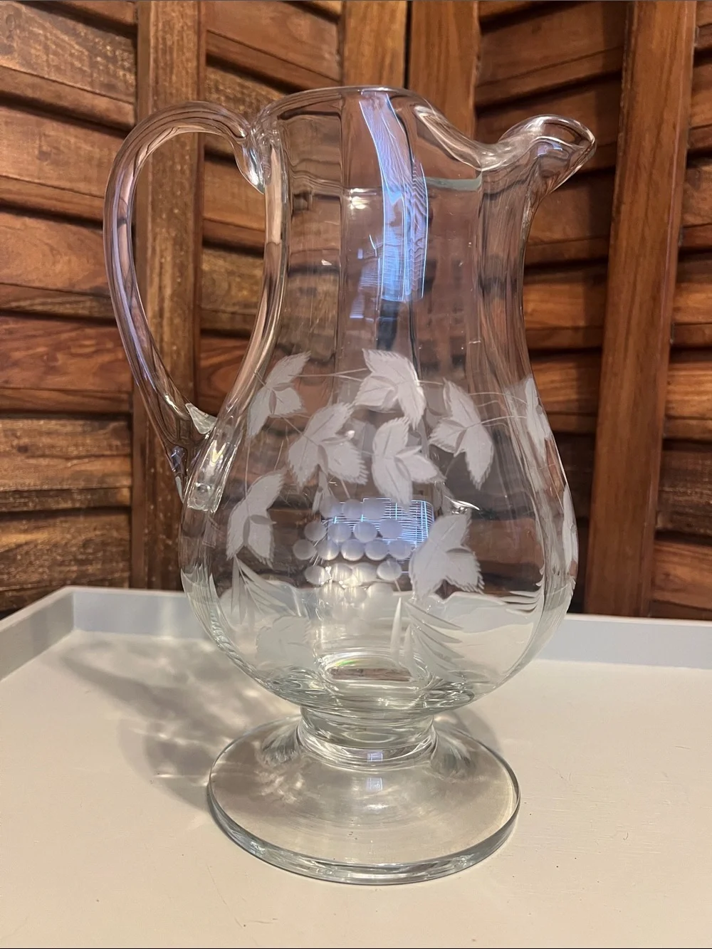 Etched Glass Pitcher with Grapevine Motif - Clear